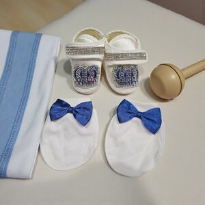 White Baby Shoes with Blue Bow Mittens